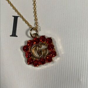 Stunning red rhinestone Upcycled Gucci pendant on 18” 925 gold plated chain